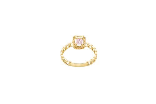 14KT Gold Ring Women's Rectangle Pink Center Stone with White CZ Stone Border Chino Band
