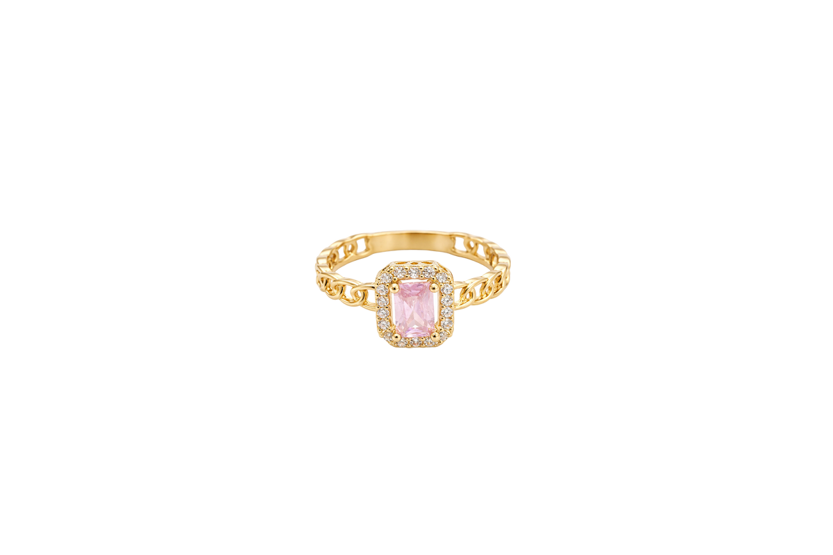 14KT Gold Ring Women's Rectangle Pink Center Stone with White CZ Stone Border Chino Band