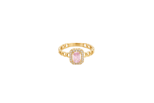 14KT Gold Ring Women's Rectangle Pink Center Stone with White CZ Stone Border Chino Band