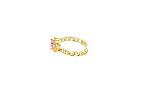 14KT Gold Ring Women's Round Pink Center Stone with White CZ Stone Border Chino Band