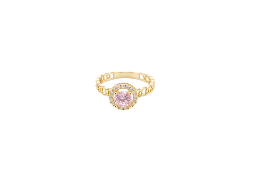 14KT Gold Ring Women's Round Pink Center Stone with White CZ Stone Border Chino Band