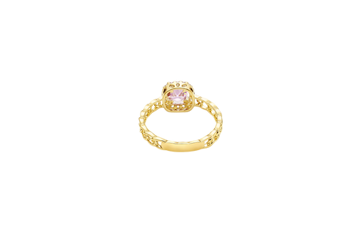 14KT Gold Ring Women's Round Pink Center Stone with White CZ Stone Border Chino Band