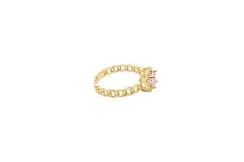 14KT Gold Ring Women's Round Pink Center Stone with White CZ Stone Border Chino Band