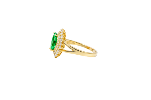 14KT Gold Ring Women's Marquise Dark Green Center CZ with Round Double CZ Border Plain Split Band