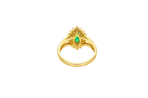 14KT Gold Ring Women's Marquise Dark Green Center CZ with Round Double CZ Border Plain Split Band