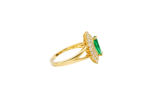 14KT Gold Ring Women's Marquise Dark Green Center CZ with Round Double CZ Border Plain Split Band