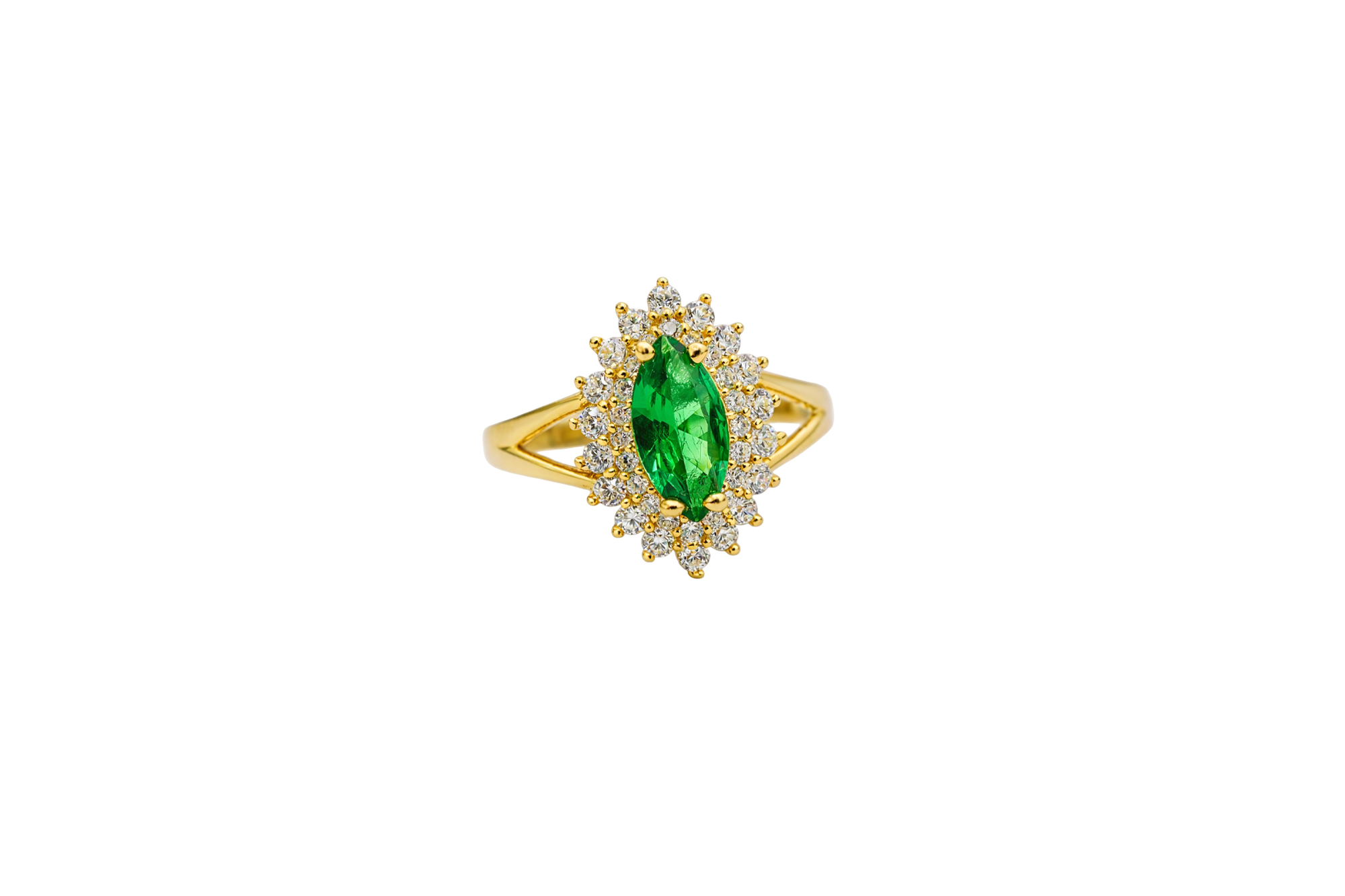 14KT Gold Ring Women's Marquise Dark Green Center CZ with Round Double CZ Border Plain Split Band