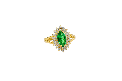 14KT Gold Ring Women's Marquise Dark Green Center CZ with Round Double CZ Border Plain Split Band