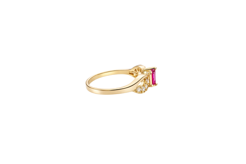 14KT Gold Ring Women's Marquise Mini Red Center CZ Split Wavy Plain White CZ Band