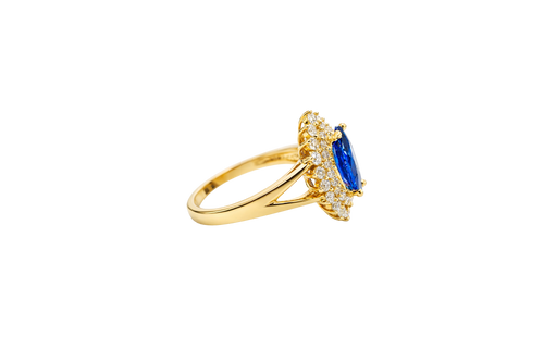 14KT Gold Ring Women's Marquise Navy Blue Center CZ with Round Double CZ Border Plain Split Band