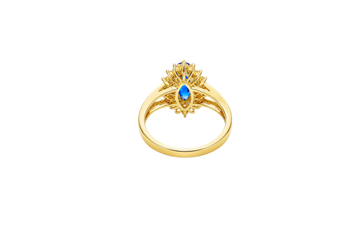 14KT Gold Ring Women's Marquise Navy Blue Center CZ with Round Double CZ Border Plain Split Band
