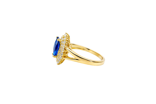 14KT Gold Ring Women's Marquise Navy Blue Center CZ with Round Double CZ Border Plain Split Band