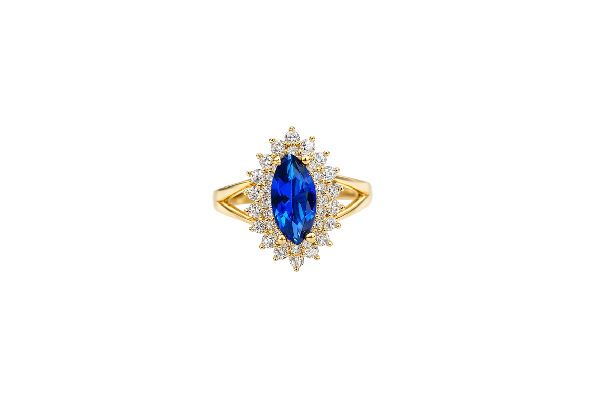 14KT Gold Ring Women's Marquise Navy Blue Center CZ with Round Double CZ Border Plain Split Band