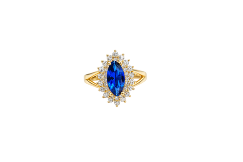 14KT Gold Ring Women's Marquise Navy Blue Center CZ with Round Double CZ Border Plain Split Band