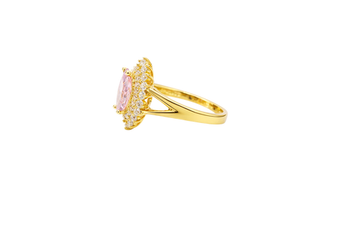 14KT Gold Ring Women's Marquise Pink Center CZ with Round Double CZ Border Plain Split Band