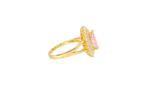 14KT Gold Ring Women's Marquise Pink Center CZ with Round Double CZ Border Plain Split Band