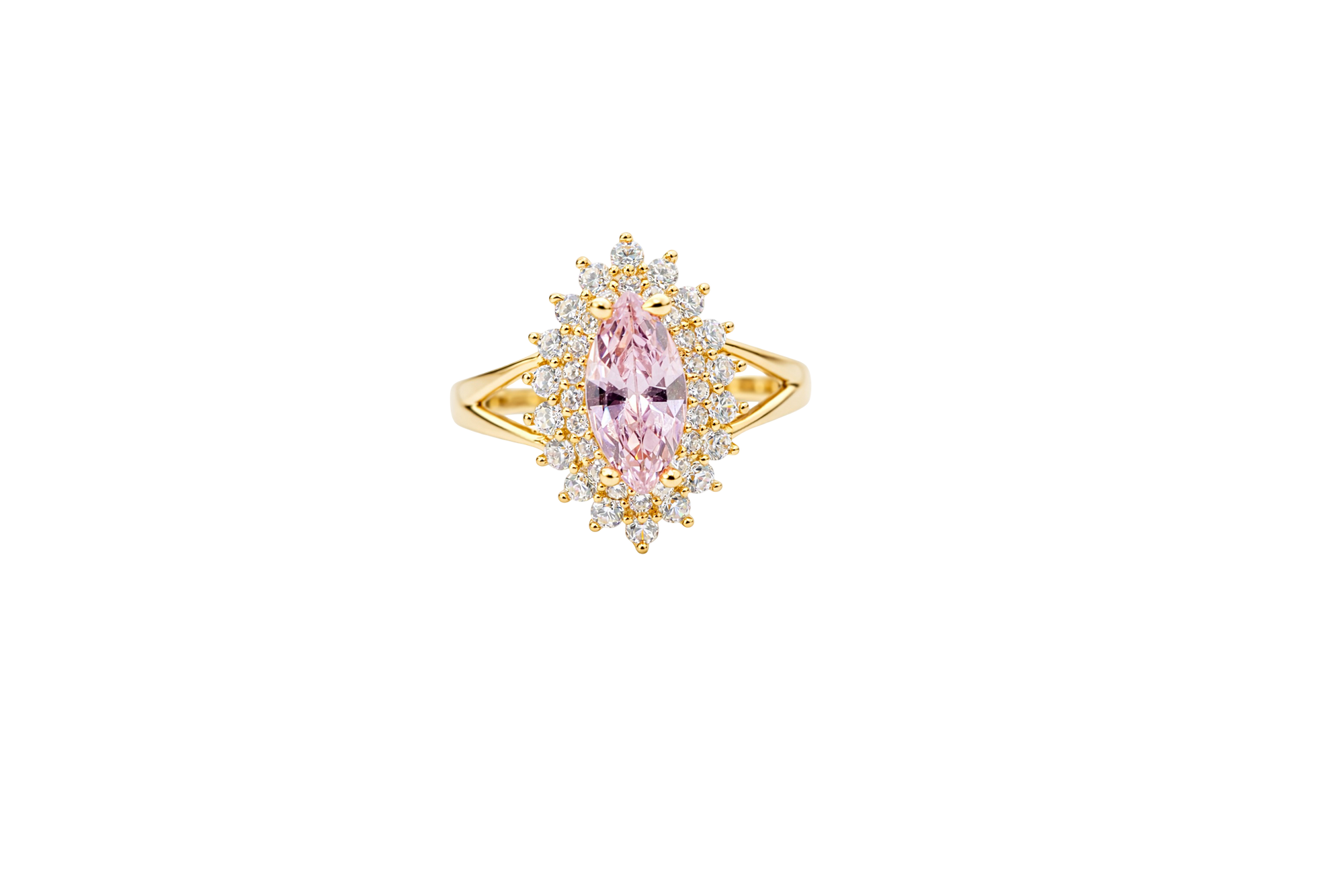 14KT Gold Ring Women's Marquise Pink Center CZ with Round Double CZ Border Plain Split Band