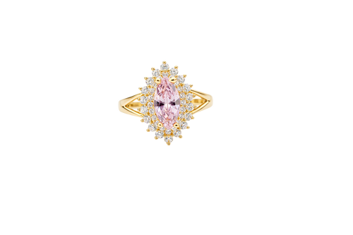 14KT Gold Ring Women's Marquise Pink Center CZ with Round Double CZ Border Plain Split Band