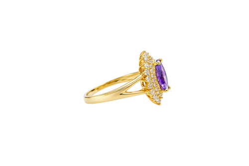 14KT Gold Ring Women's Marquise Purple Center CZ with Round Double CZ Border Plain Split Band