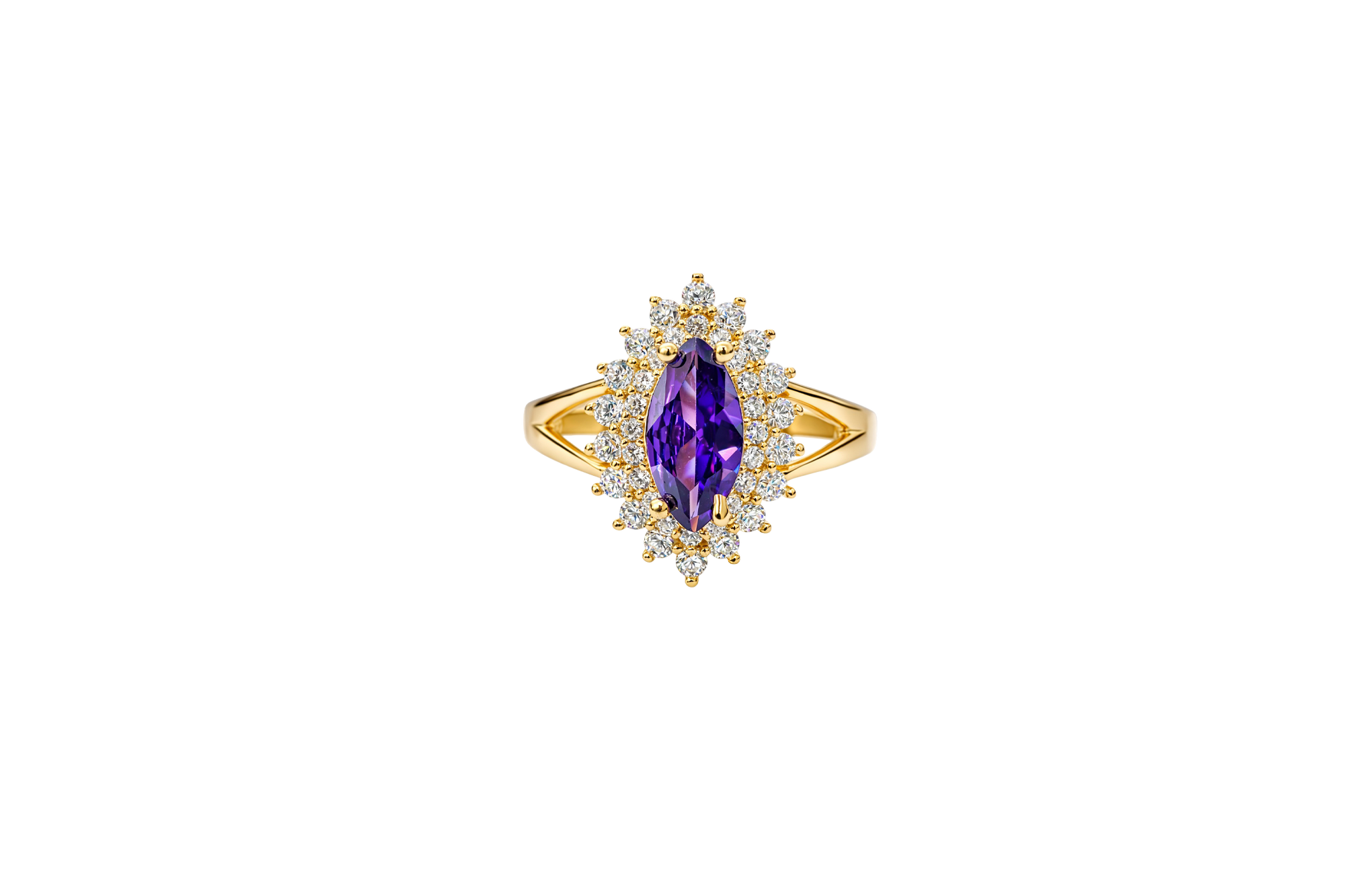 14KT Gold Ring Women's Marquise Purple Center CZ with Round Double CZ Border Plain Split Band