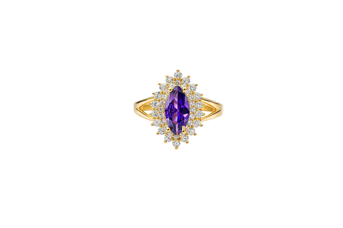 14KT Gold Ring Women's Marquise Purple Center CZ with Round Double CZ Border Plain Split Band