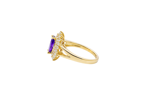 14KT Gold Ring Women's Marquise Purple Center CZ with Round Double CZ Border Plain Split Band
