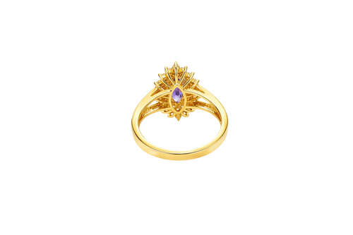 14KT Gold Ring Women's Marquise Purple Center CZ with Round Double CZ Border Plain Split Band
