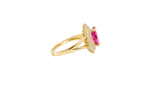 14KT Gold Ring Women's Marquise Magenta Pink Center CZ with Round Double CZ Border Plain Split Band