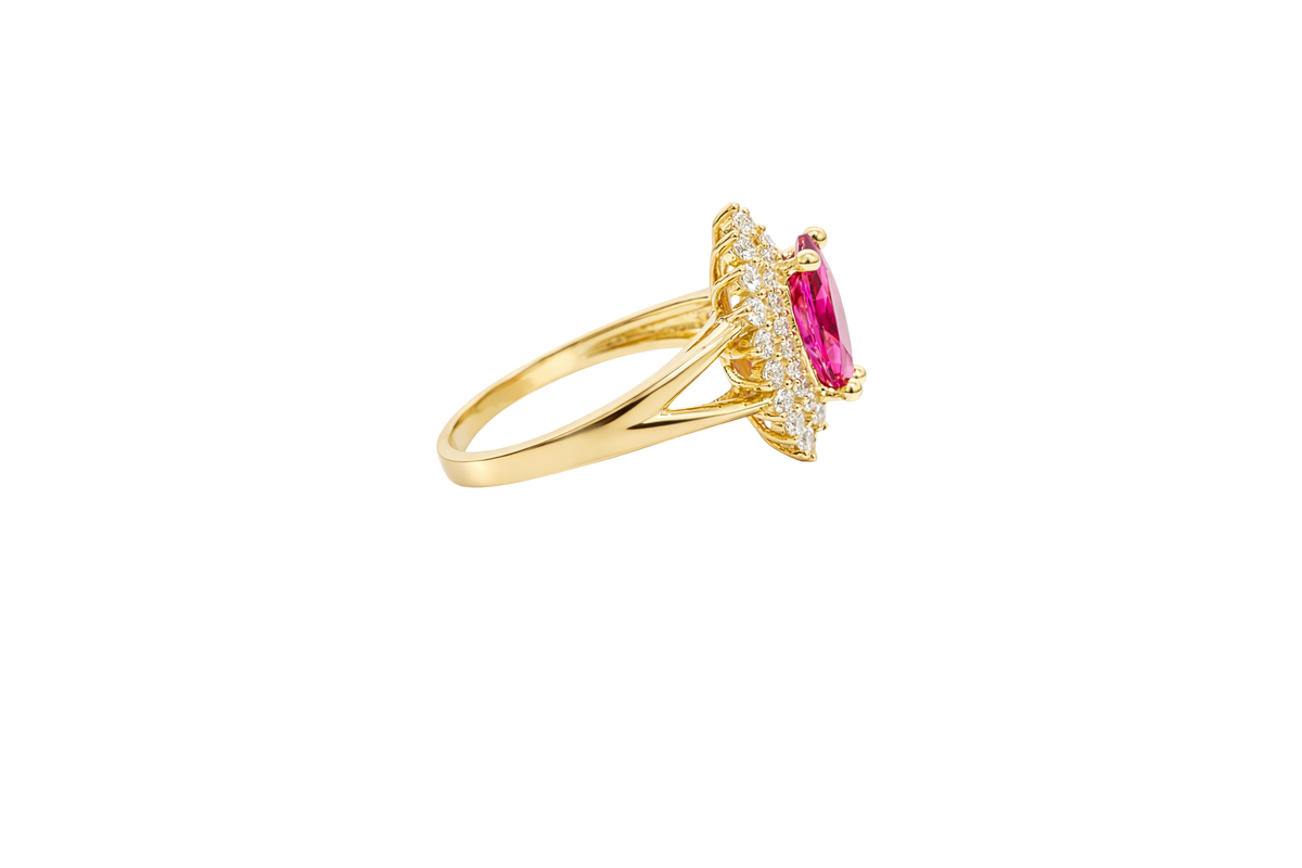 14KT Gold Ring Women's Marquise Red Center CZ with Round Double CZ Border Plain Split Band