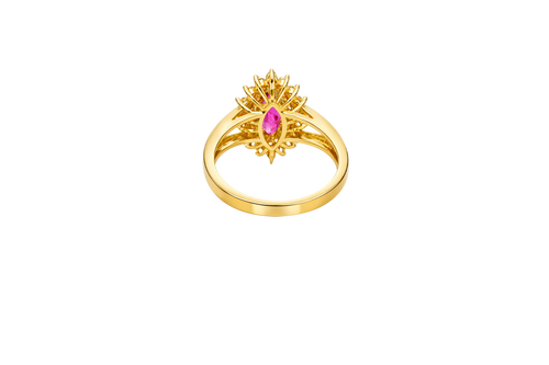 14KT Gold Ring Women's Marquise Magenta Pink Center CZ with Round Double CZ Border Plain Split Band