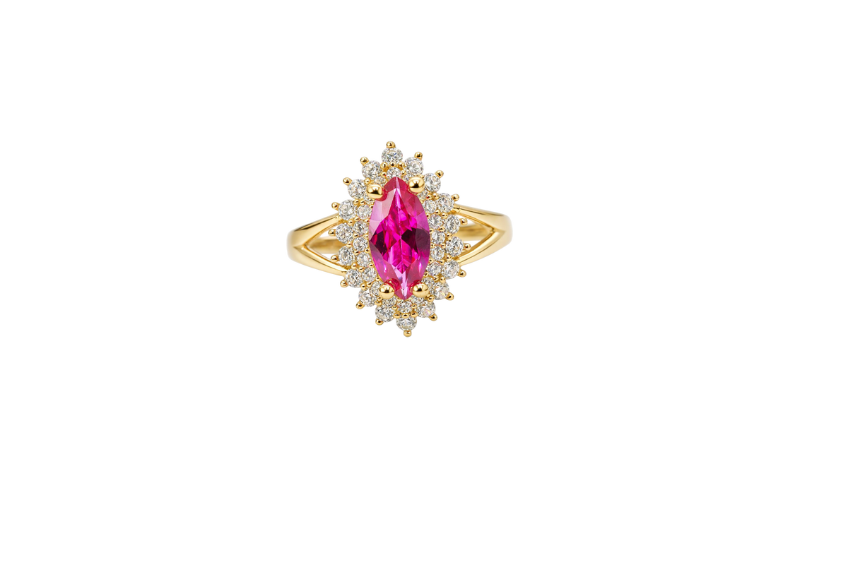 14KT Gold Ring Women's Marquise Magenta Pink Center CZ with Round Double CZ Border Plain Split Band