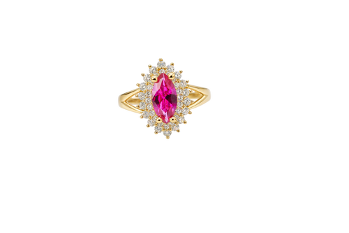 14KT Gold Ring Women's Marquise Magenta Pink Center CZ with Round Double CZ Border Plain Split Band