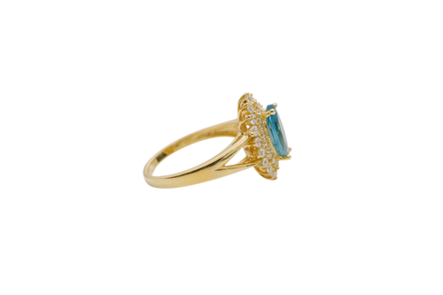 14KT Gold Ring Women's Marquise Turquoise Center CZ with Round Double CZ Border Plain Split Band