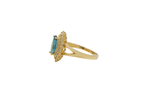 14KT Gold Ring Women's Marquise Turquoise Center CZ with Round Double CZ Border Plain Split Band