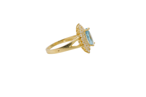 14KT Gold Women's Ring Marquise Light Blue Center CZ with Round Double CZ Border Plain Split Band