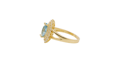 14KT Gold Women's Ring Marquise Light Blue Center CZ with Round Double CZ Border Plain Split Band