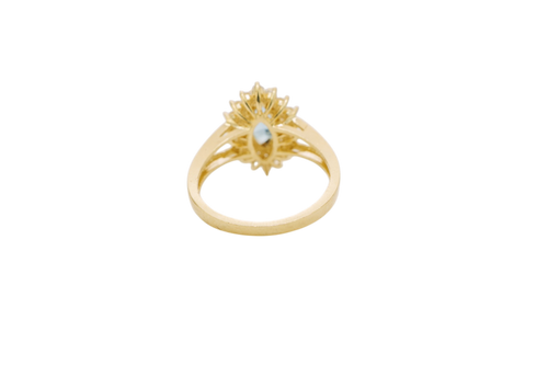14KT Gold Women's Ring Marquise Light Blue Center CZ with Round Double CZ Border Plain Split Band