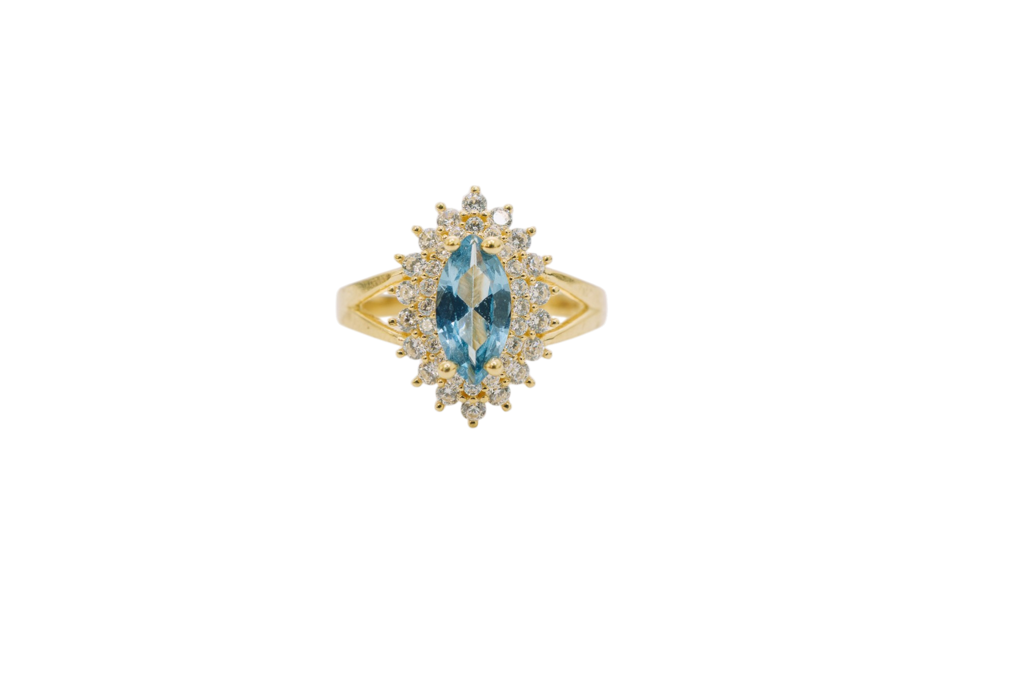 14KT Gold Women's Ring Marquise Light Blue Center CZ with Round Double CZ Border Plain Split Band
