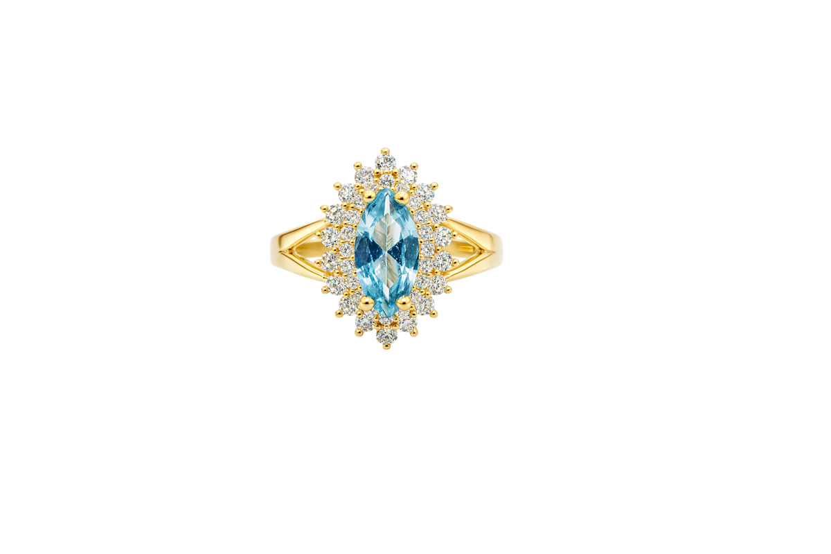 14KT Gold Ring Women's Marquise Turquoise Center CZ with Round Double CZ Border Plain Split Band