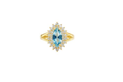 14KT Gold Ring Women's Marquise Turquoise Center CZ with Round Double CZ Border Plain Split Band