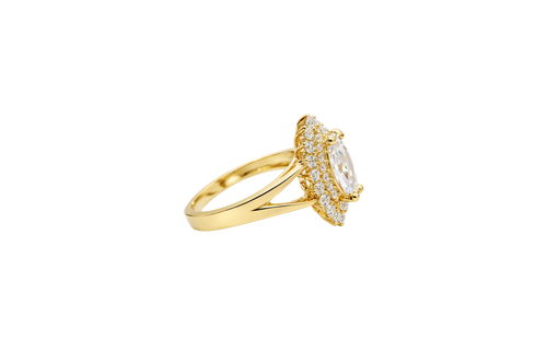 14KT Gold Ring Women's Marquise White Center CZ with Round Double CZ Border Plain Split Band
