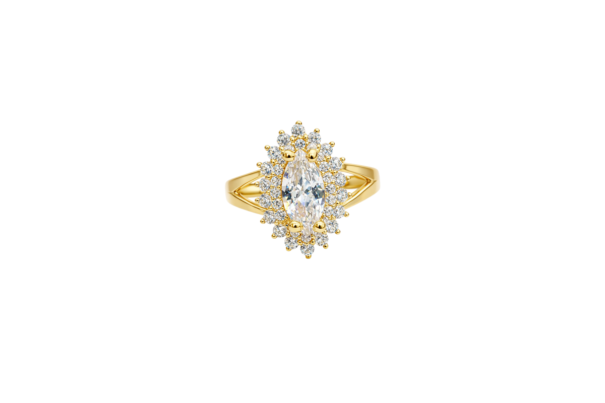 14KT Gold Ring Women's Marquise White Center CZ with Round Double CZ Border Plain Split Band