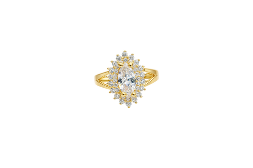 14KT Gold Ring Women's Marquise White Center CZ with Round Double CZ Border Plain Split Band