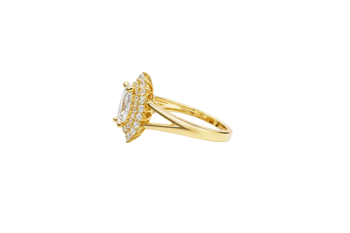 14KT Gold Ring Women's Marquise White Center CZ with Round Double CZ Border Plain Split Band