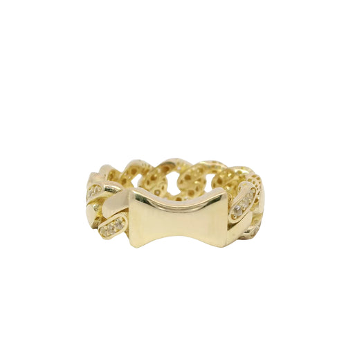 14KT Gold Ring Women's Medium Alternating White CZ Stones Cuban Link and Plain Cuban Link Band