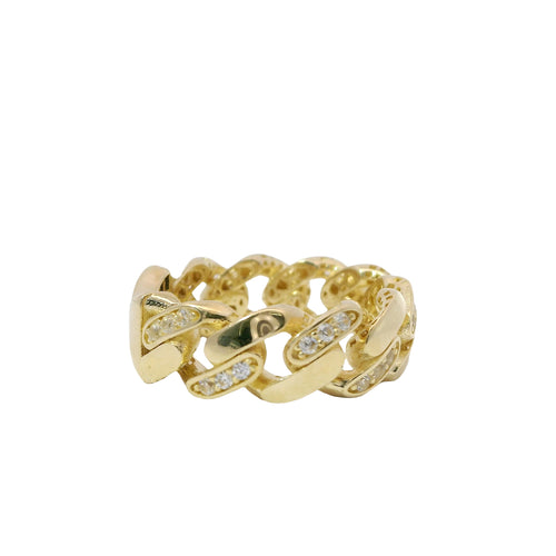 14KT Gold Ring Women's Medium Alternating White CZ Stones Cuban Link and Plain Cuban Link Band