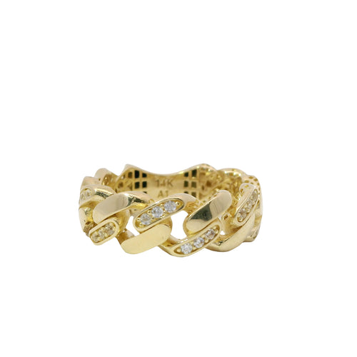 14KT Gold Ring Women's Medium Alternating White CZ Stones Cuban Link and Plain Cuban Link Band