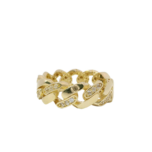 14KT Gold Ring Women's Medium Alternating White CZ Stones Cuban Link and Plain Cuban Link Band
