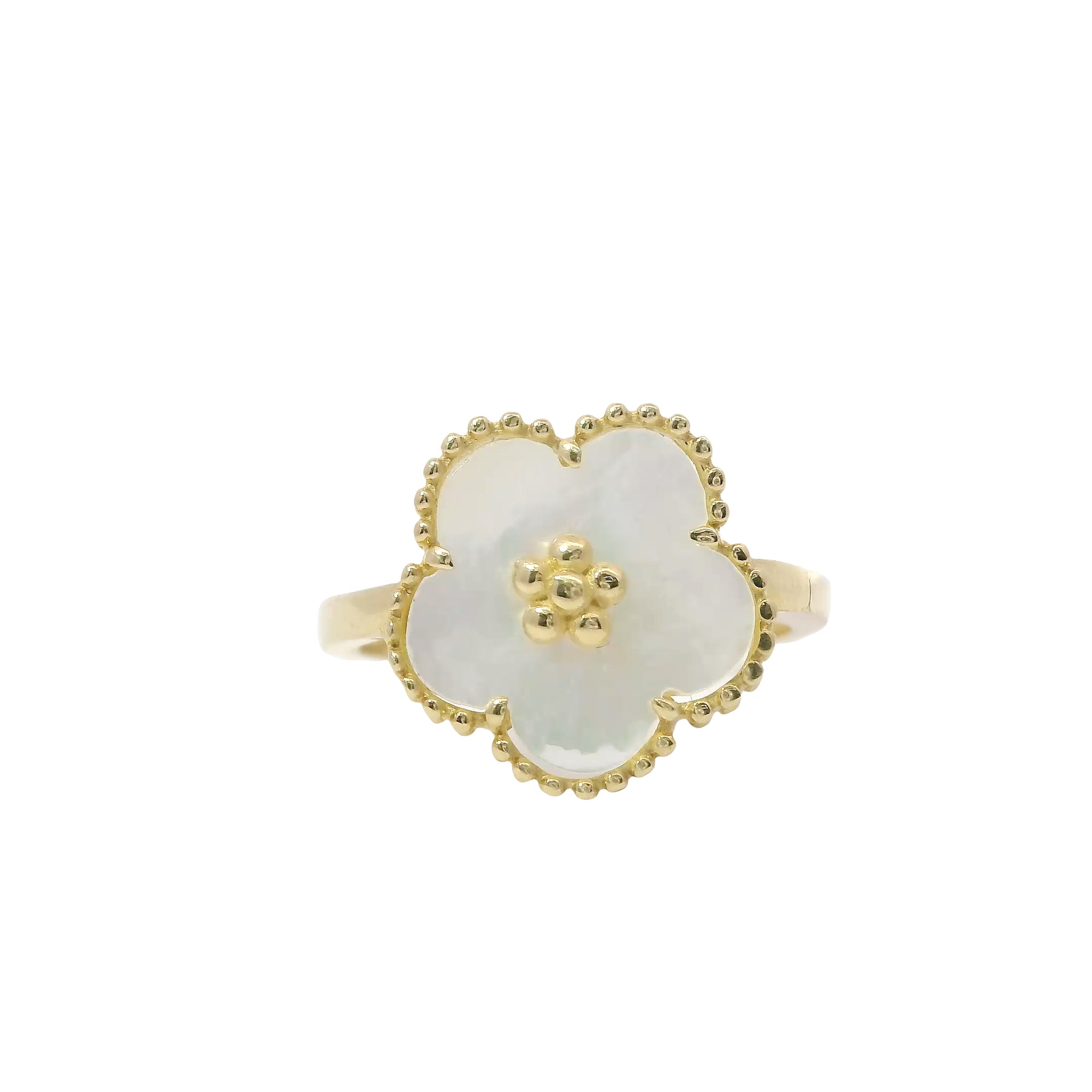 14KT Gold Ring Women's Ring Jumbo Pearl Color Clover with Gold Beaded Center and Plain Band