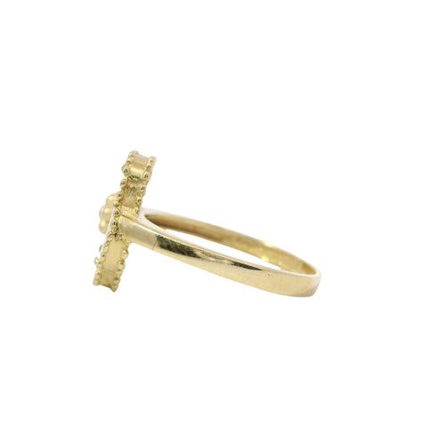 14KT Gold Ring Women's Ring Jumbo Pearl Color Clover with Gold Beaded Center and Plain Band
